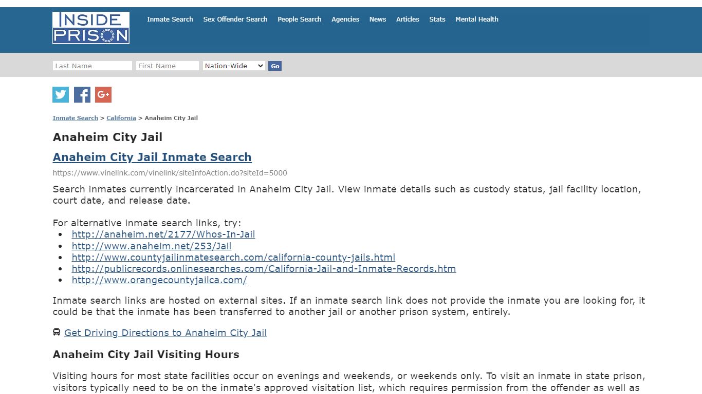 Anaheim City Jail - California - Inmate Search